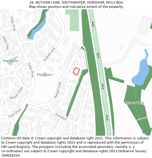 16, NUTHAM LANE, SOUTHWATER, HORSHAM, RH13 9GG: Location map and indicative extent of plot