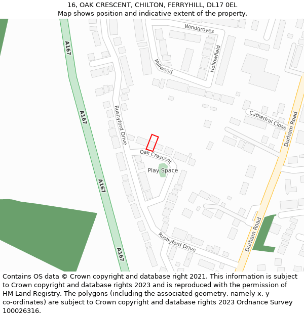 16, OAK CRESCENT, CHILTON, FERRYHILL, DL17 0EL: Location map and indicative extent of plot