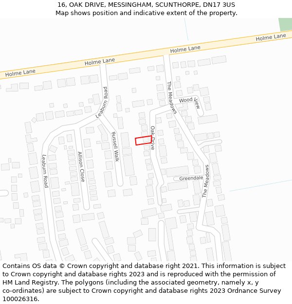 16, OAK DRIVE, MESSINGHAM, SCUNTHORPE, DN17 3US: Location map and indicative extent of plot