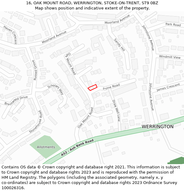 16, OAK MOUNT ROAD, WERRINGTON, STOKE-ON-TRENT, ST9 0BZ: Location map and indicative extent of plot