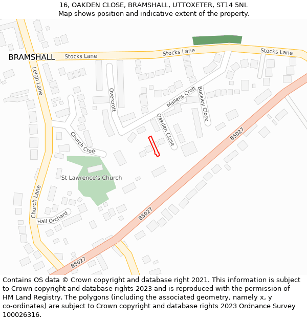 16, OAKDEN CLOSE, BRAMSHALL, UTTOXETER, ST14 5NL: Location map and indicative extent of plot