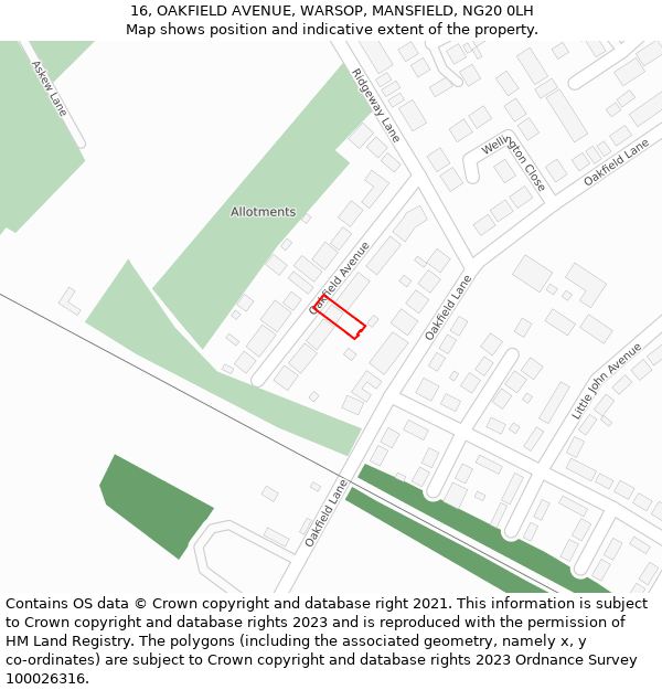 16, OAKFIELD AVENUE, WARSOP, MANSFIELD, NG20 0LH: Location map and indicative extent of plot