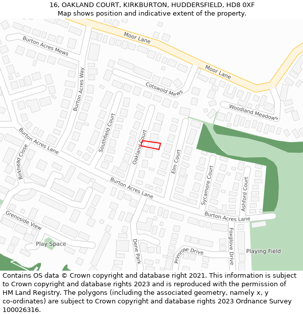 16, OAKLAND COURT, KIRKBURTON, HUDDERSFIELD, HD8 0XF: Location map and indicative extent of plot