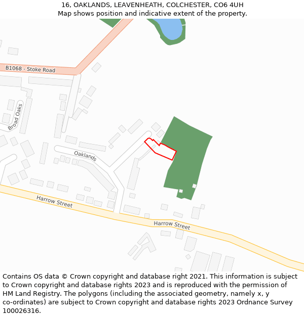 16, OAKLANDS, LEAVENHEATH, COLCHESTER, CO6 4UH: Location map and indicative extent of plot