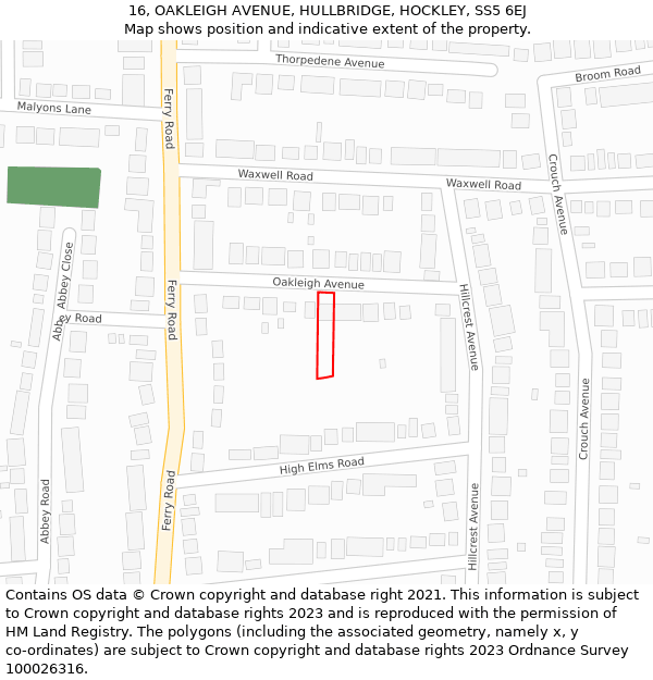 16, OAKLEIGH AVENUE, HULLBRIDGE, HOCKLEY, SS5 6EJ: Location map and indicative extent of plot