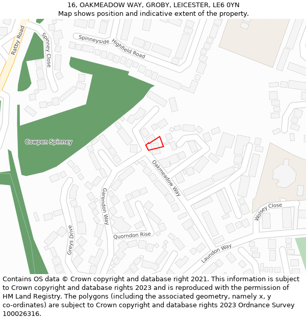 16, OAKMEADOW WAY, GROBY, LEICESTER, LE6 0YN: Location map and indicative extent of plot