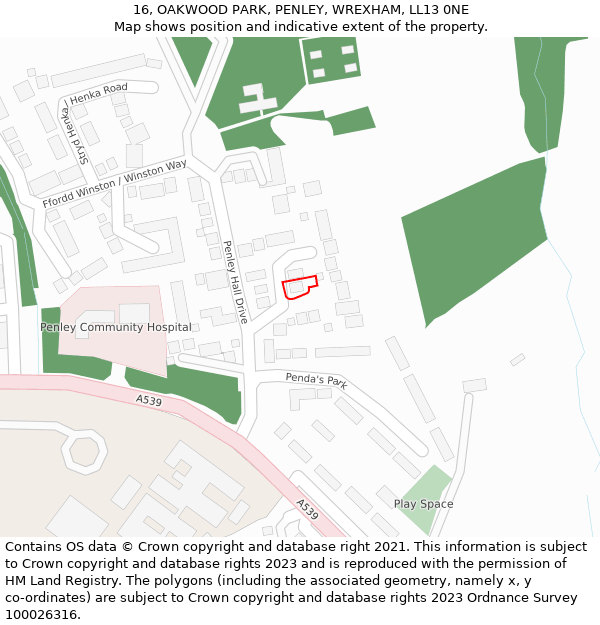 16, OAKWOOD PARK, PENLEY, WREXHAM, LL13 0NE: Location map and indicative extent of plot