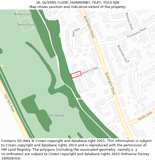 16, OLIVERS CLOSE, HUNMANBY, FILEY, YO14 0JW: Location map and indicative extent of plot