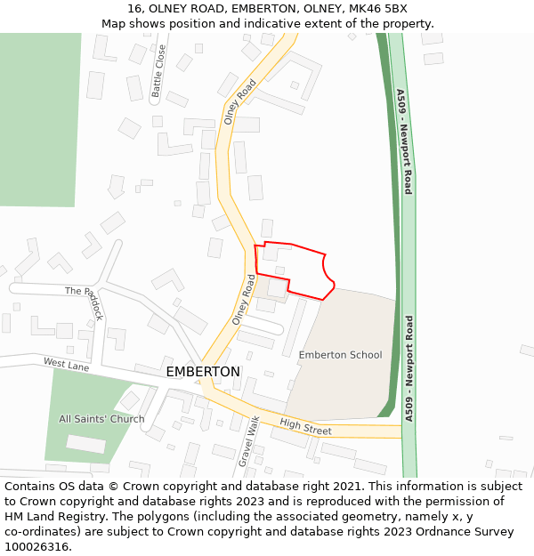 16, OLNEY ROAD, EMBERTON, OLNEY, MK46 5BX: Location map and indicative extent of plot