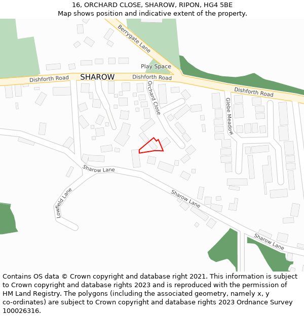 16, ORCHARD CLOSE, SHAROW, RIPON, HG4 5BE: Location map and indicative extent of plot