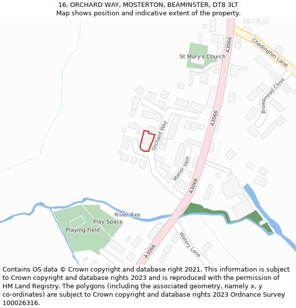 16, ORCHARD WAY, MOSTERTON, BEAMINSTER, DT8 3LT: Location map and indicative extent of plot