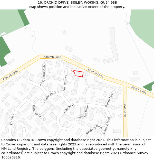 16, ORCHID DRIVE, BISLEY, WOKING, GU24 9SB: Location map and indicative extent of plot