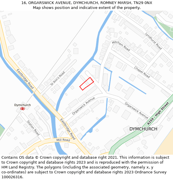 16, ORGARSWICK AVENUE, DYMCHURCH, ROMNEY MARSH, TN29 0NX: Location map and indicative extent of plot