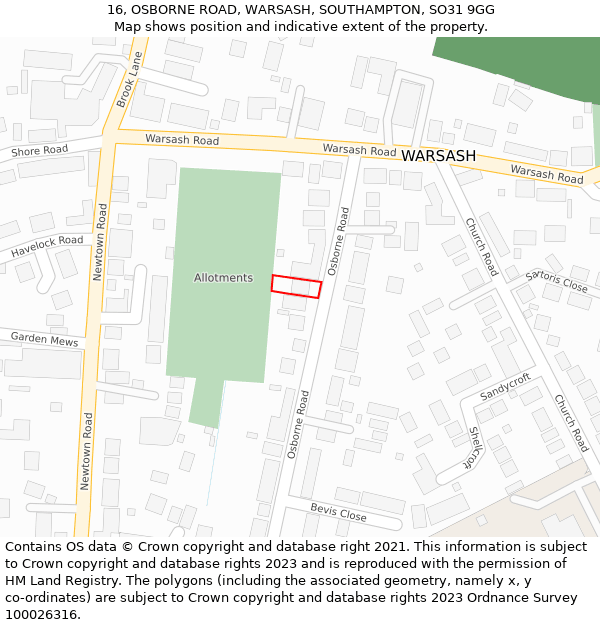 16, OSBORNE ROAD, WARSASH, SOUTHAMPTON, SO31 9GG: Location map and indicative extent of plot