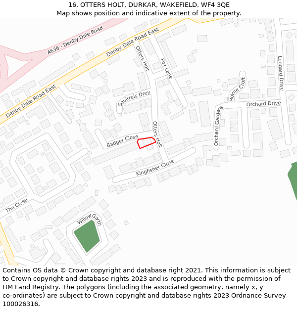 16, OTTERS HOLT, DURKAR, WAKEFIELD, WF4 3QE: Location map and indicative extent of plot