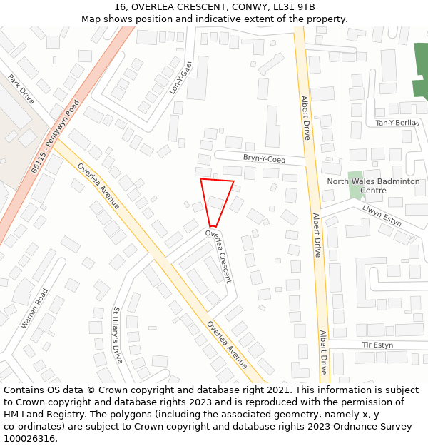 16, OVERLEA CRESCENT, CONWY, LL31 9TB: Location map and indicative extent of plot