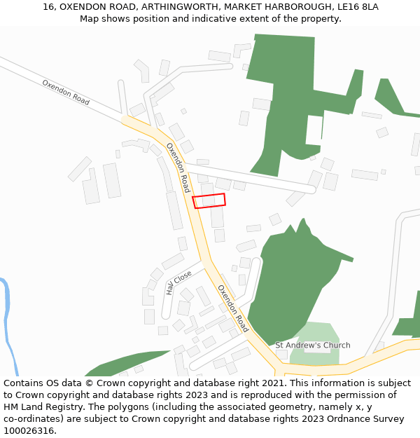 16, OXENDON ROAD, ARTHINGWORTH, MARKET HARBOROUGH, LE16 8LA: Location map and indicative extent of plot