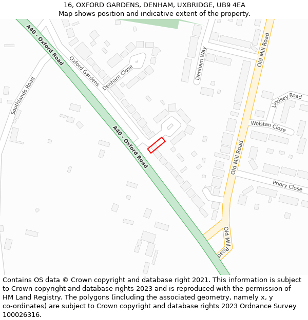 16, OXFORD GARDENS, DENHAM, UXBRIDGE, UB9 4EA: Location map and indicative extent of plot