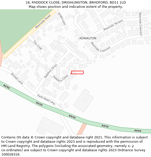 16, PADDOCK CLOSE, DRIGHLINGTON, BRADFORD, BD11 1LD: Location map and indicative extent of plot