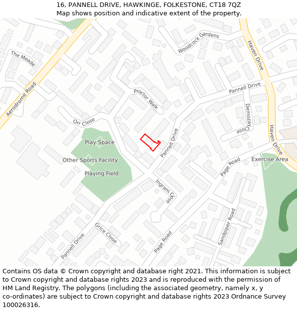 16, PANNELL DRIVE, HAWKINGE, FOLKESTONE, CT18 7QZ: Location map and indicative extent of plot