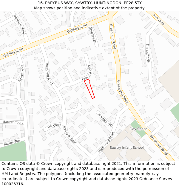 16, PAPYRUS WAY, SAWTRY, HUNTINGDON, PE28 5TY: Location map and indicative extent of plot