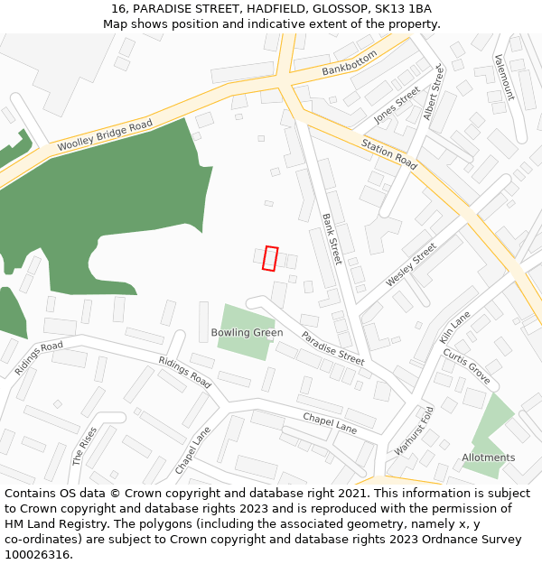 16, PARADISE STREET, HADFIELD, GLOSSOP, SK13 1BA: Location map and indicative extent of plot