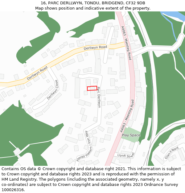 16, PARC DERLLWYN, TONDU, BRIDGEND, CF32 9DB: Location map and indicative extent of plot