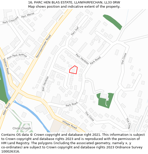 16, PARC HEN BLAS ESTATE, LLANFAIRFECHAN, LL33 0RW: Location map and indicative extent of plot