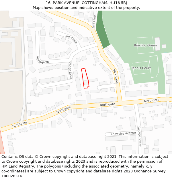 16, PARK AVENUE, COTTINGHAM, HU16 5RJ: Location map and indicative extent of plot