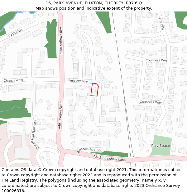 16, PARK AVENUE, EUXTON, CHORLEY, PR7 6JQ: Location map and indicative extent of plot