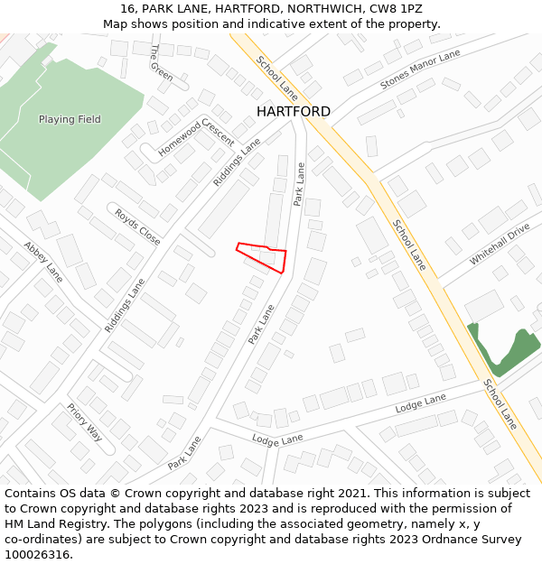 16, PARK LANE, HARTFORD, NORTHWICH, CW8 1PZ: Location map and indicative extent of plot