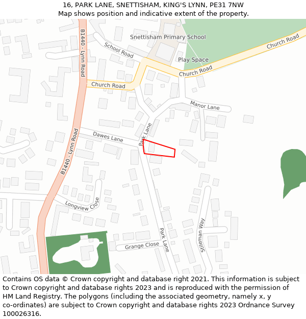 16, PARK LANE, SNETTISHAM, KING'S LYNN, PE31 7NW: Location map and indicative extent of plot