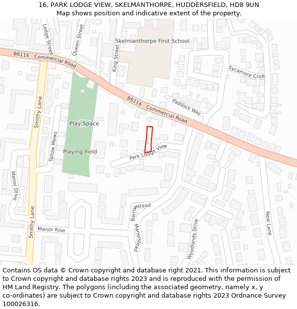 16, PARK LODGE VIEW, SKELMANTHORPE, HUDDERSFIELD, HD8 9UN: Location map and indicative extent of plot
