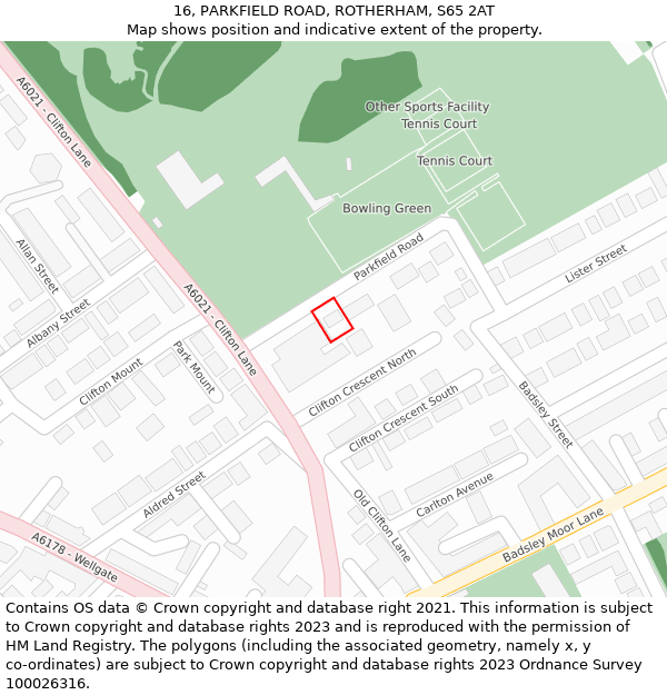 16, PARKFIELD ROAD, ROTHERHAM, S65 2AT: Location map and indicative extent of plot