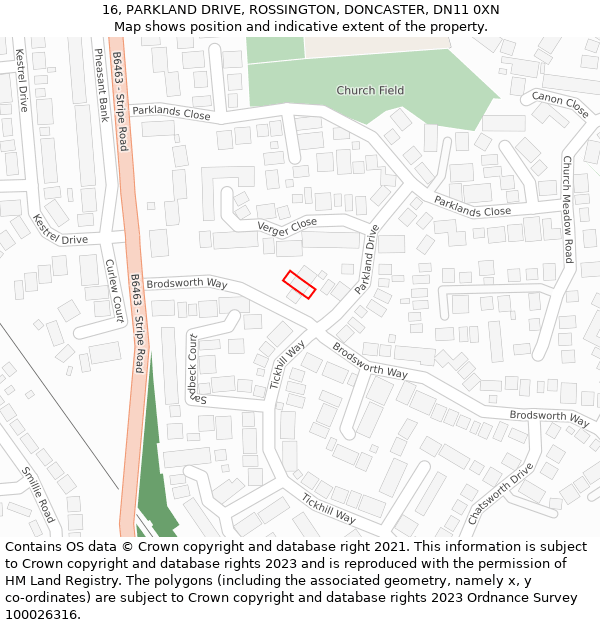 16, PARKLAND DRIVE, ROSSINGTON, DONCASTER, DN11 0XN: Location map and indicative extent of plot