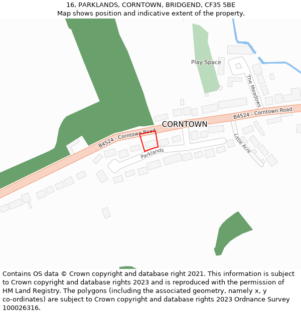 16, PARKLANDS, CORNTOWN, BRIDGEND, CF35 5BE: Location map and indicative extent of plot