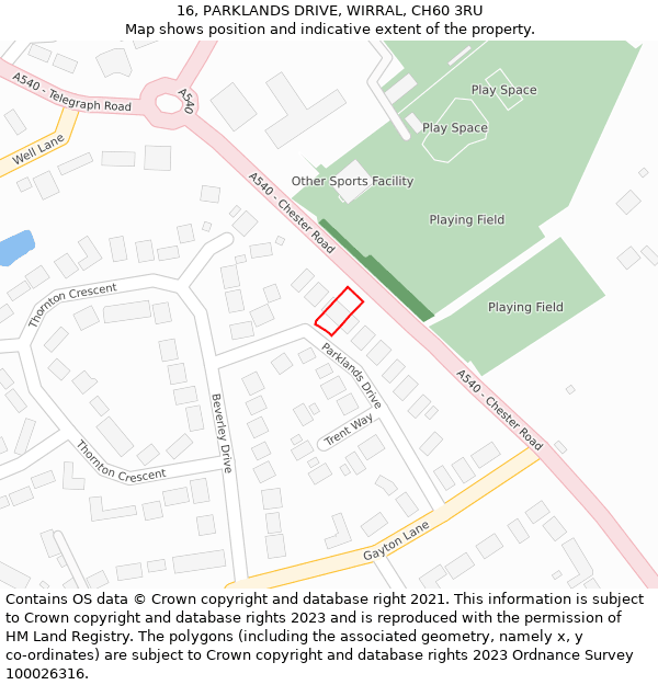 16, PARKLANDS DRIVE, WIRRAL, CH60 3RU: Location map and indicative extent of plot