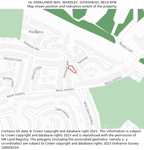 16, PARKLANDS WAY, WARDLEY, GATESHEAD, NE10 8YW: Location map and indicative extent of plot
