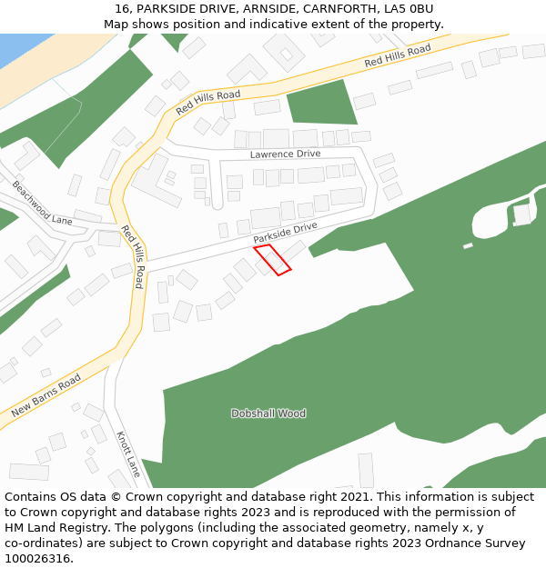 16, PARKSIDE DRIVE, ARNSIDE, CARNFORTH, LA5 0BU: Location map and indicative extent of plot