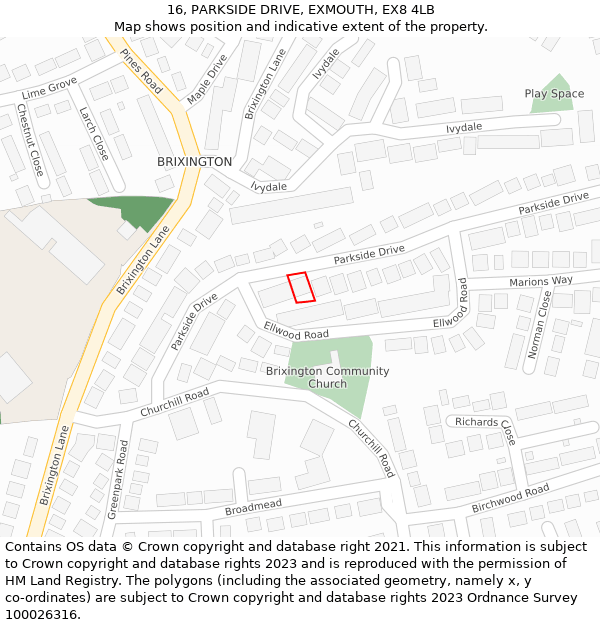 16, PARKSIDE DRIVE, EXMOUTH, EX8 4LB: Location map and indicative extent of plot