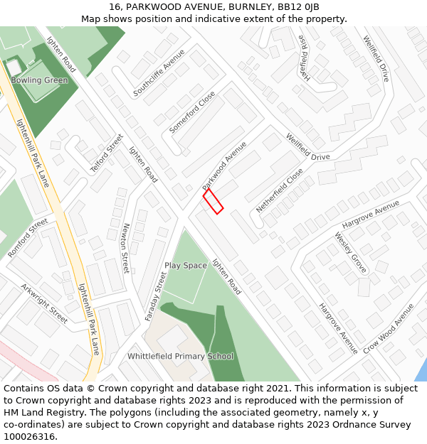16, PARKWOOD AVENUE, BURNLEY, BB12 0JB: Location map and indicative extent of plot