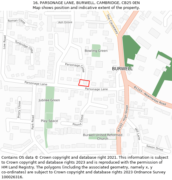 16, PARSONAGE LANE, BURWELL, CAMBRIDGE, CB25 0EN: Location map and indicative extent of plot