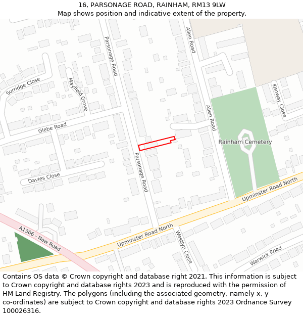 16, PARSONAGE ROAD, RAINHAM, RM13 9LW: Location map and indicative extent of plot