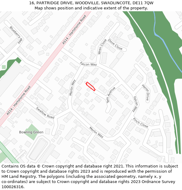 16, PARTRIDGE DRIVE, WOODVILLE, SWADLINCOTE, DE11 7QW: Location map and indicative extent of plot