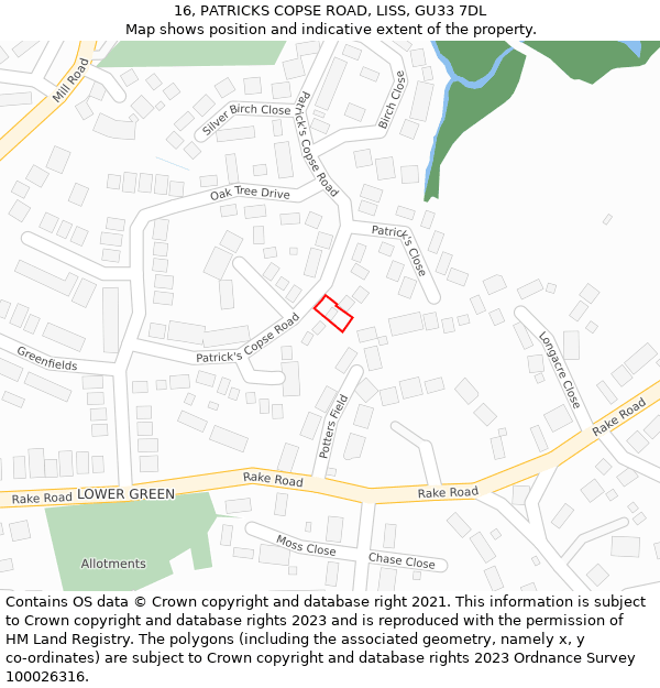 16, PATRICKS COPSE ROAD, LISS, GU33 7DL: Location map and indicative extent of plot