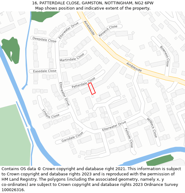 16, PATTERDALE CLOSE, GAMSTON, NOTTINGHAM, NG2 6PW: Location map and indicative extent of plot