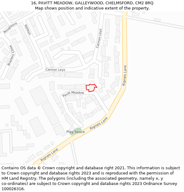 16, PAVITT MEADOW, GALLEYWOOD, CHELMSFORD, CM2 8RQ: Location map and indicative extent of plot