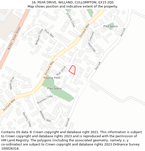 16, PEAR DRIVE, WILLAND, CULLOMPTON, EX15 2QS: Location map and indicative extent of plot