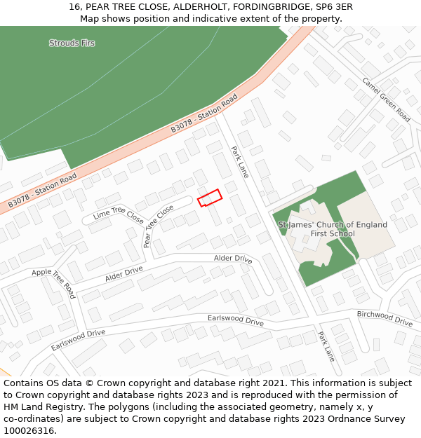 16, PEAR TREE CLOSE, ALDERHOLT, FORDINGBRIDGE, SP6 3ER: Location map and indicative extent of plot