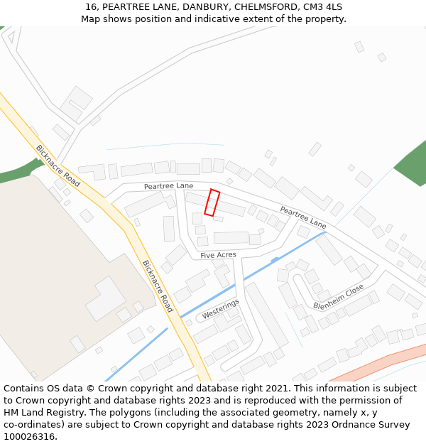 16, PEARTREE LANE, DANBURY, CHELMSFORD, CM3 4LS: Location map and indicative extent of plot